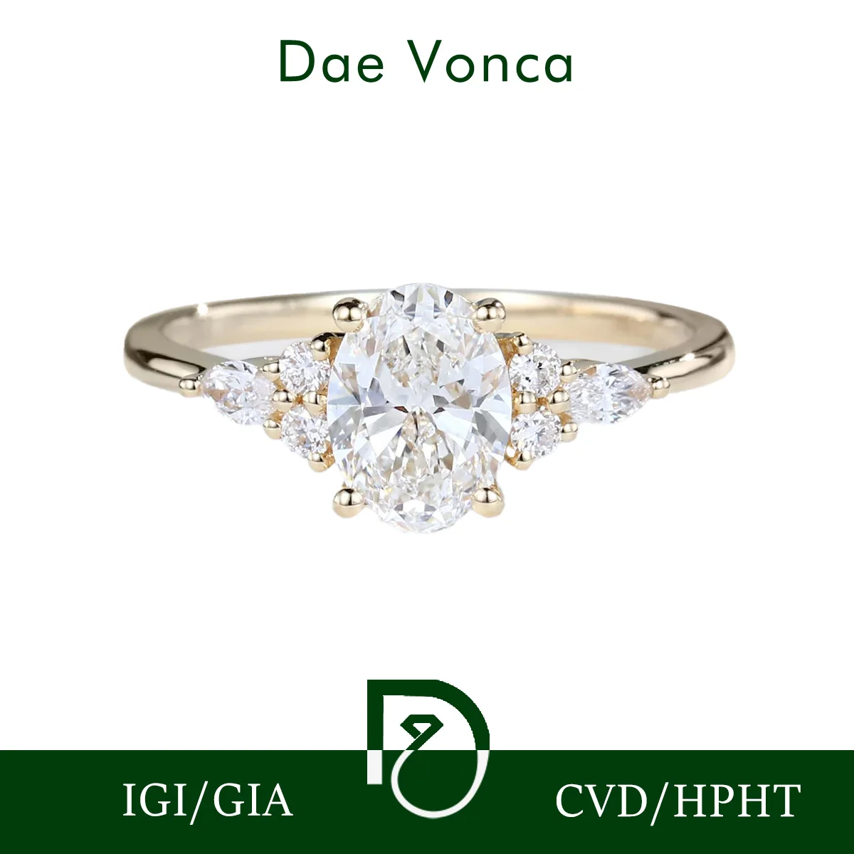 

Center Stone Oval Cut Lab Grown Diamond Ring Accented by Pear And Round Cut Diamond Ring 9K/14K/18K Yellow Gold Lab Diamond Ring
