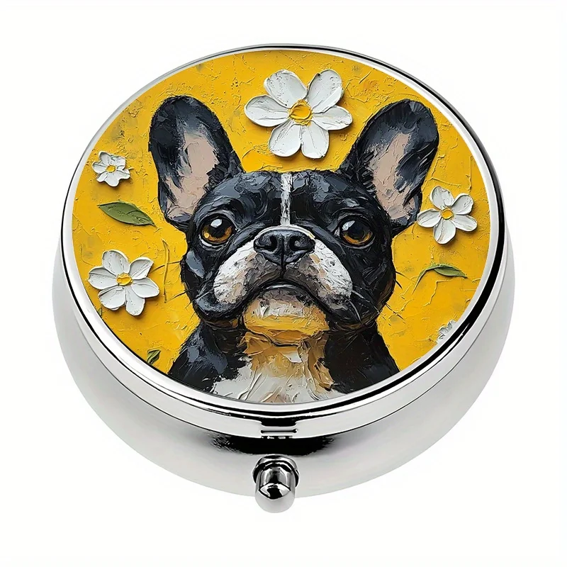 1 pill box, with 3 compartments, French Bulldog flower-themed mini pill box, medication storage box, unique gift for travel