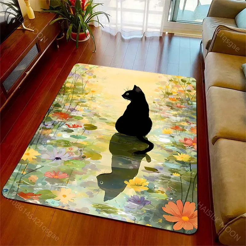 Black cat sitting floral pond reflection Print Carpet for Living Room Bedroom Sofa Home Decor Non-slip Mat Luxury Gift