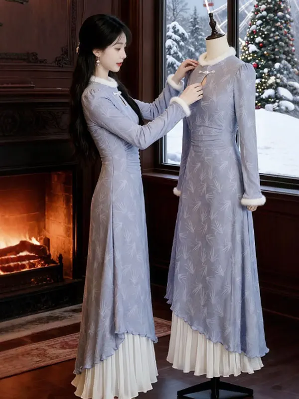 

Новая женская вязаная приталенная платье-миди с завышенной талией в китайском национальном стиле для осеннего сезона