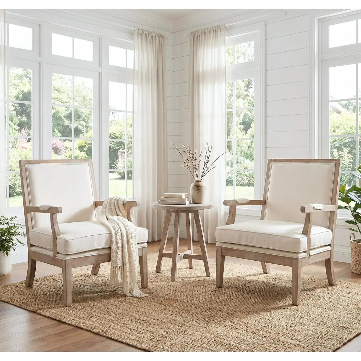 Farmhouse Accent Chair Set 2, Wide Upholstered Chair with Armrest Pads, Coastal Wooden Armchair for Bedroom Customized