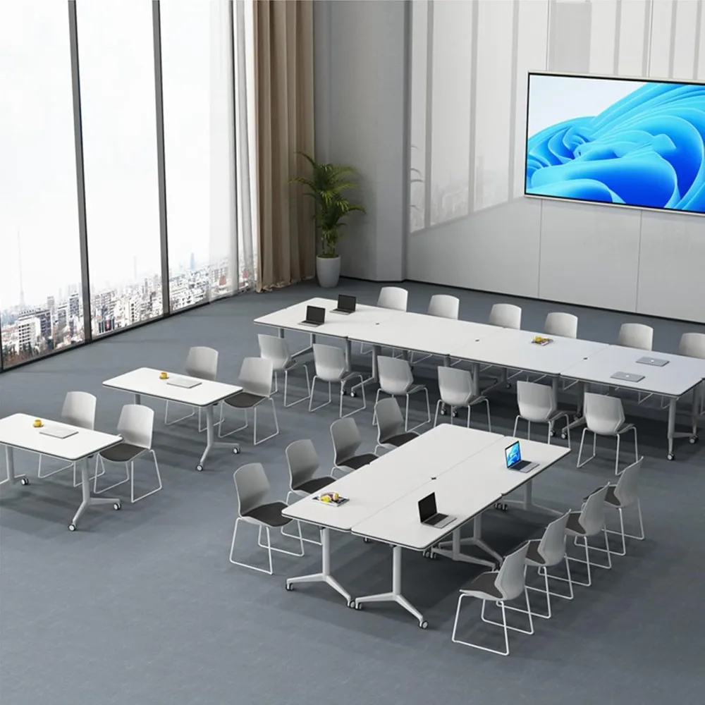 White Office Folding Clamshell Training Table The round table with wheels is convenient and quick for offices, classrooms