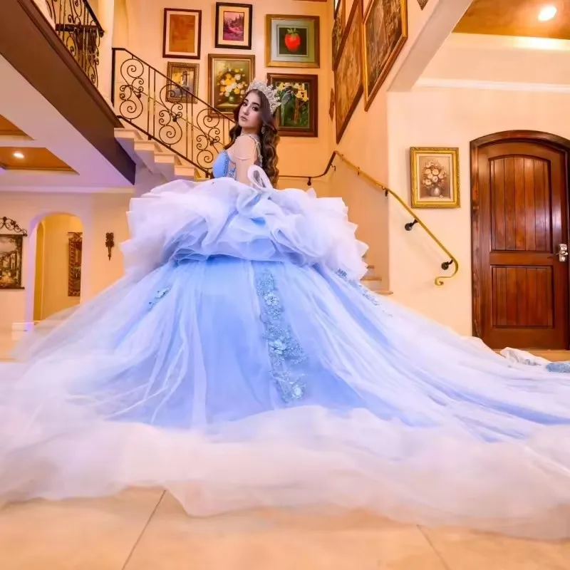 Customized Sweet 15 Dress Sky Blue Tulle Princess Quinceanera Dress Tiered Skirts Pageant Party  Dressvestidos de quinceañeras