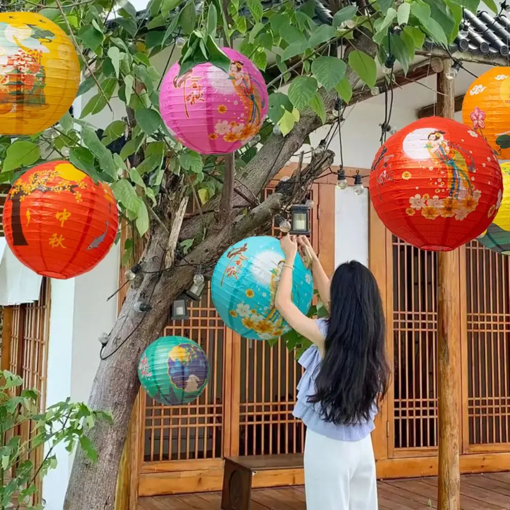 Luminous Chinese Mid Autumn Lantern Hanging Traditional Festival Antique Lantern Portable Good Luck Round Paper Lantern