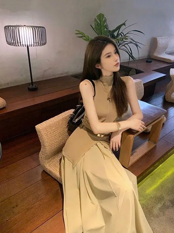

Summer Vintage Asymmetrical Dress Women's Fashion High-End Waist-Cinching Long Dress Lady Two-Piece Set Polyester Fabric