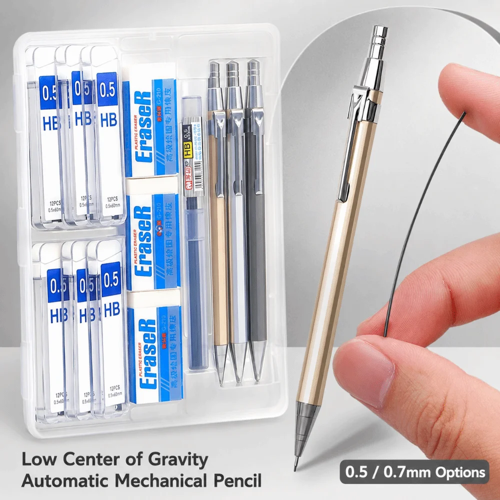 13pcs/set Metal Mechanical Pencil Set 0.5/0.7mm Low Center of Gravity Automatic Pencil Break Resistant Sketch Pencil Kit