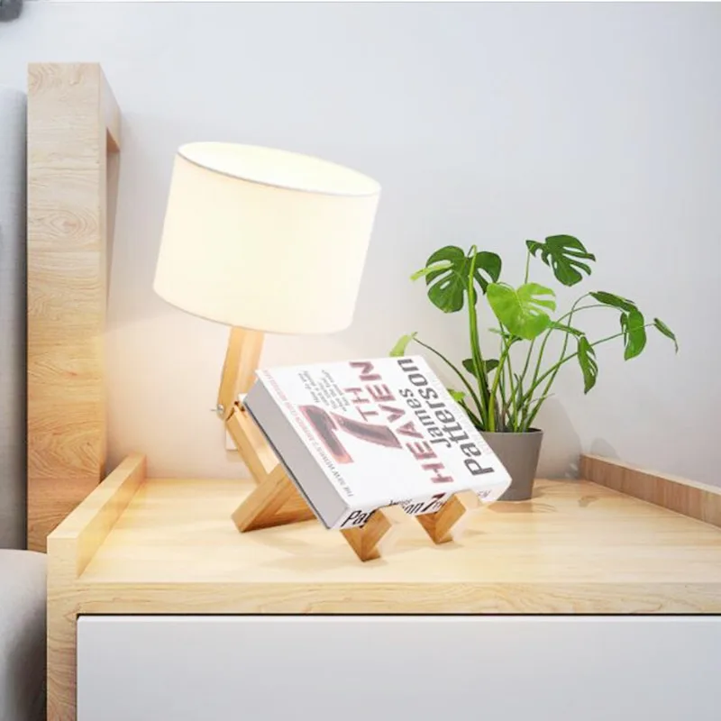 

Robot Shape Wooden LED Table Lamps E27 Lamp Holder Modern Art Wood Desk Table Lamps Parlor Indoor Bedroom Study Night Light