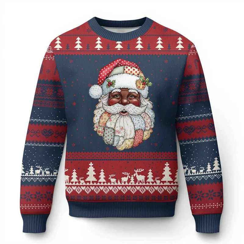 2027 Black Santa Ugly Christmas Sweater with Festive Heritage Graphics Long Sleeve Crewneck Sweaters for Family Celebrations