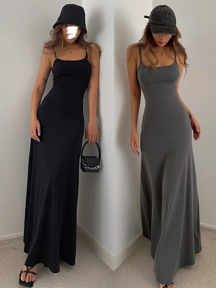 Solid Color Off Shoulder Long Dress European American Black Spicy Girl A-line Dress High Elasticity Suspender Long Dress