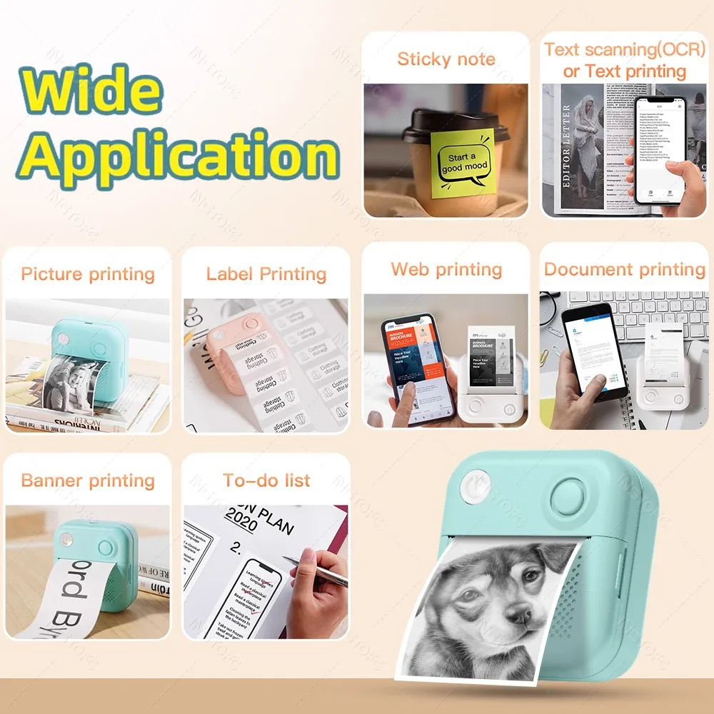 Inkless Portable Printer Thermal Paper Stickers Paper Mini Printers Labels Maker Printer for Photo Bluetooth Wireless Printing