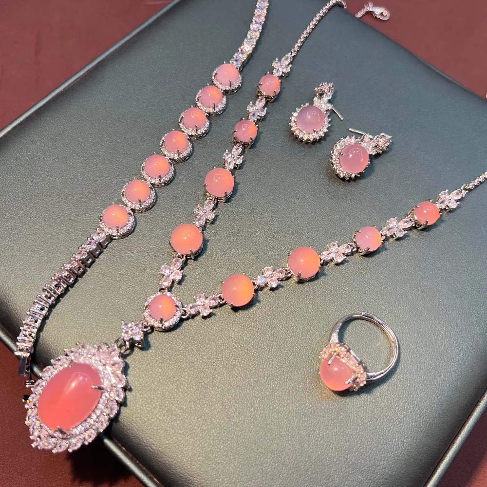 New national style high-grade chalcedony four-piece vintage elegant court style copper silver-plated zircon necklace