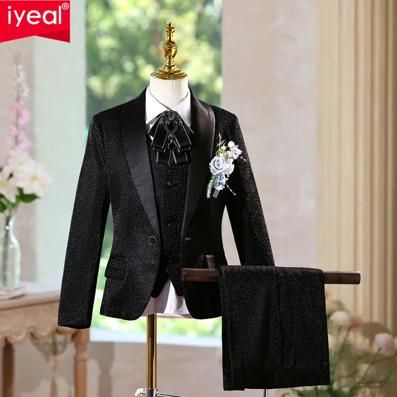 IYEAL Child Boys High-end Black Shining Jacket Vest Pants Set Child Catwalk Host Performance Photography Costume Kids Wedding Ou