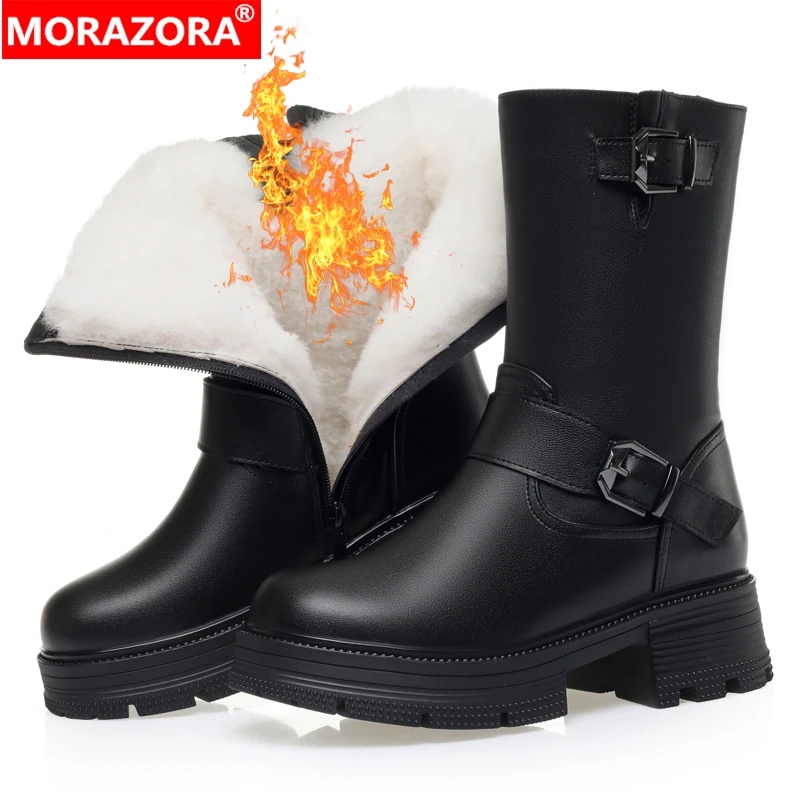 

MORAZORA Nature Wool Warm Snow Boots Women Lace Up Buckle Split Leather Black Brown Square Heels Winter Ankle Boots Ladies Shoes