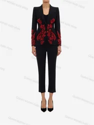 Crystal Black Wedding Women Pants Suit Set 2 Piece Blazer+Trousers Luxury Jacket Coat Formal Office Lady Custom Made Prom Dress