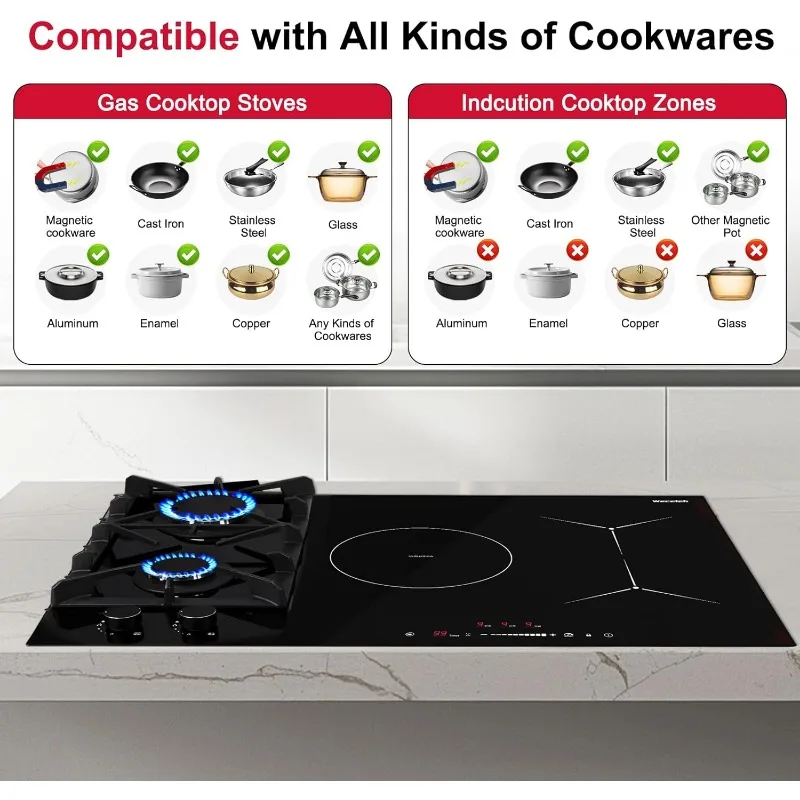 30 Inch Gas Cooktop Mix Induction Cooktop Built-in Gas and Induction Combo 5 Burners Hybird 12000BTU Boost 6700W