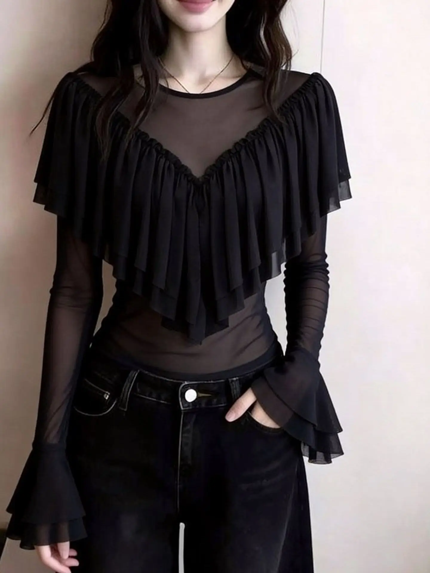 Long Sleeve Mesh Design Women's T-shirt Slim Fit Spring New Arrival High Quality Style Commute Fashion