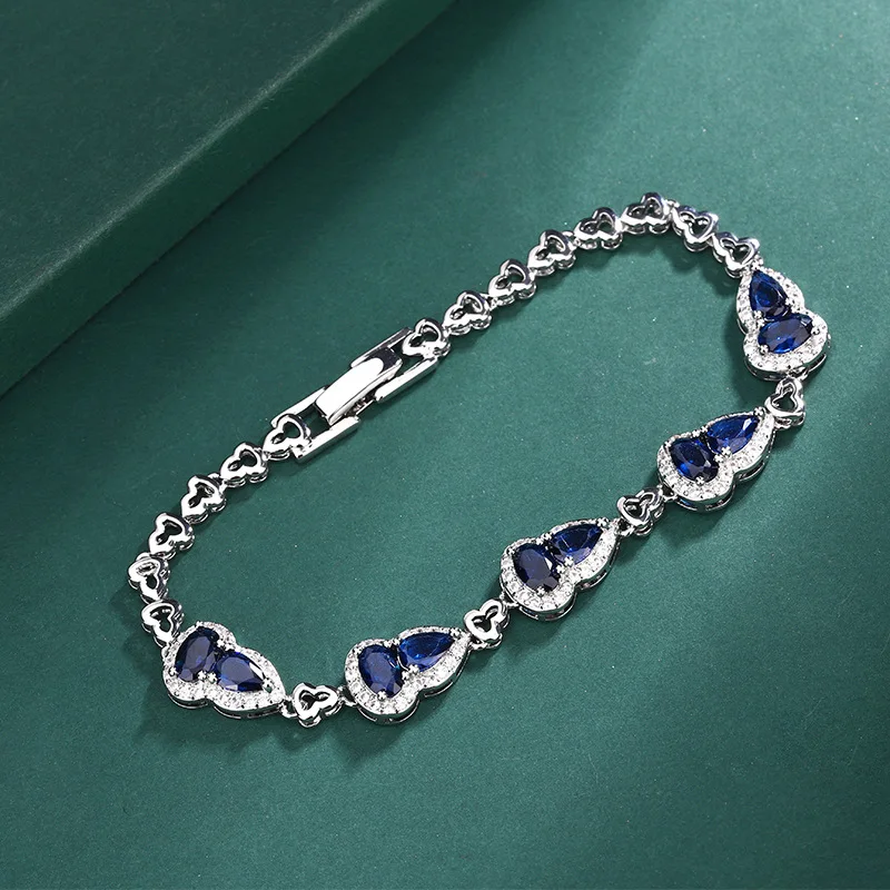 S925 Silver Needle European and American Style Royal Blue Gemstone Gourd Bracelet and Earring Set for Women