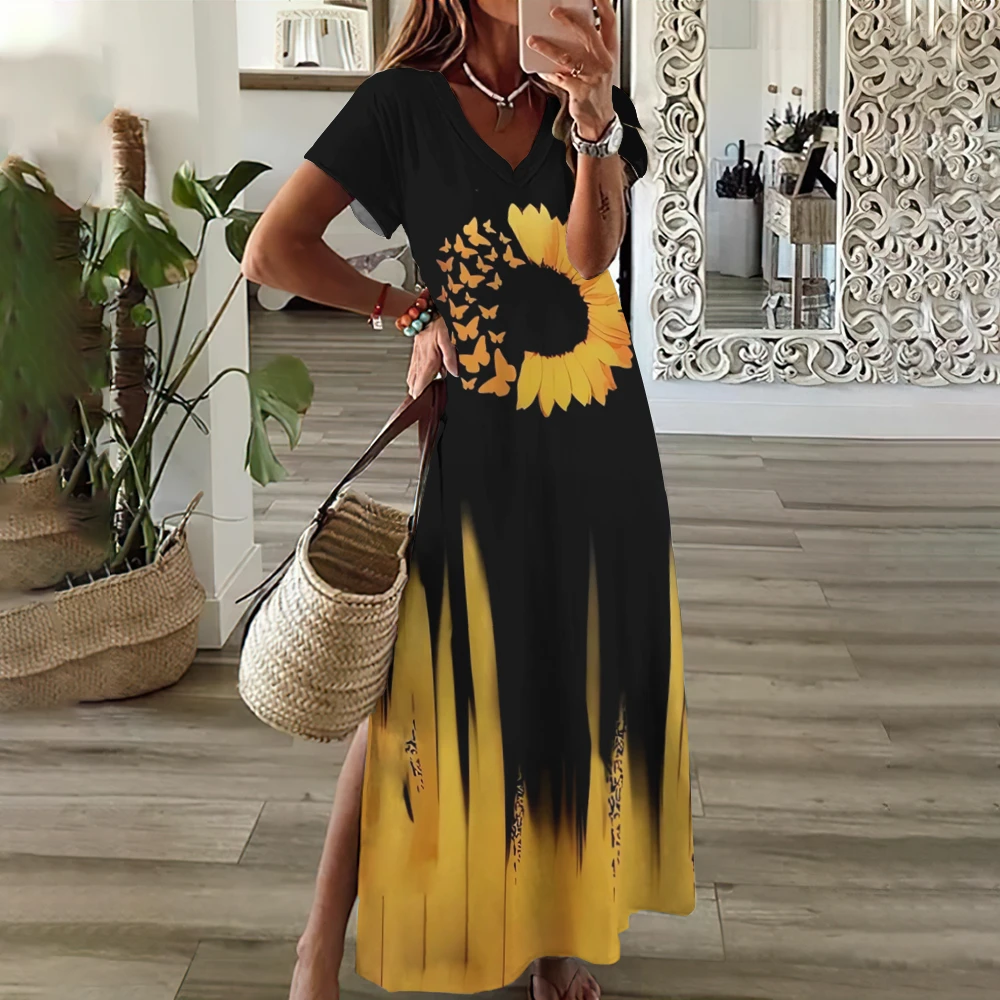 Sunflower & Letter Print Women's Dresses Female Plus Size Elegant Midi Dresses Short Sleeve Dress  Women's Clothing 2024 Summer