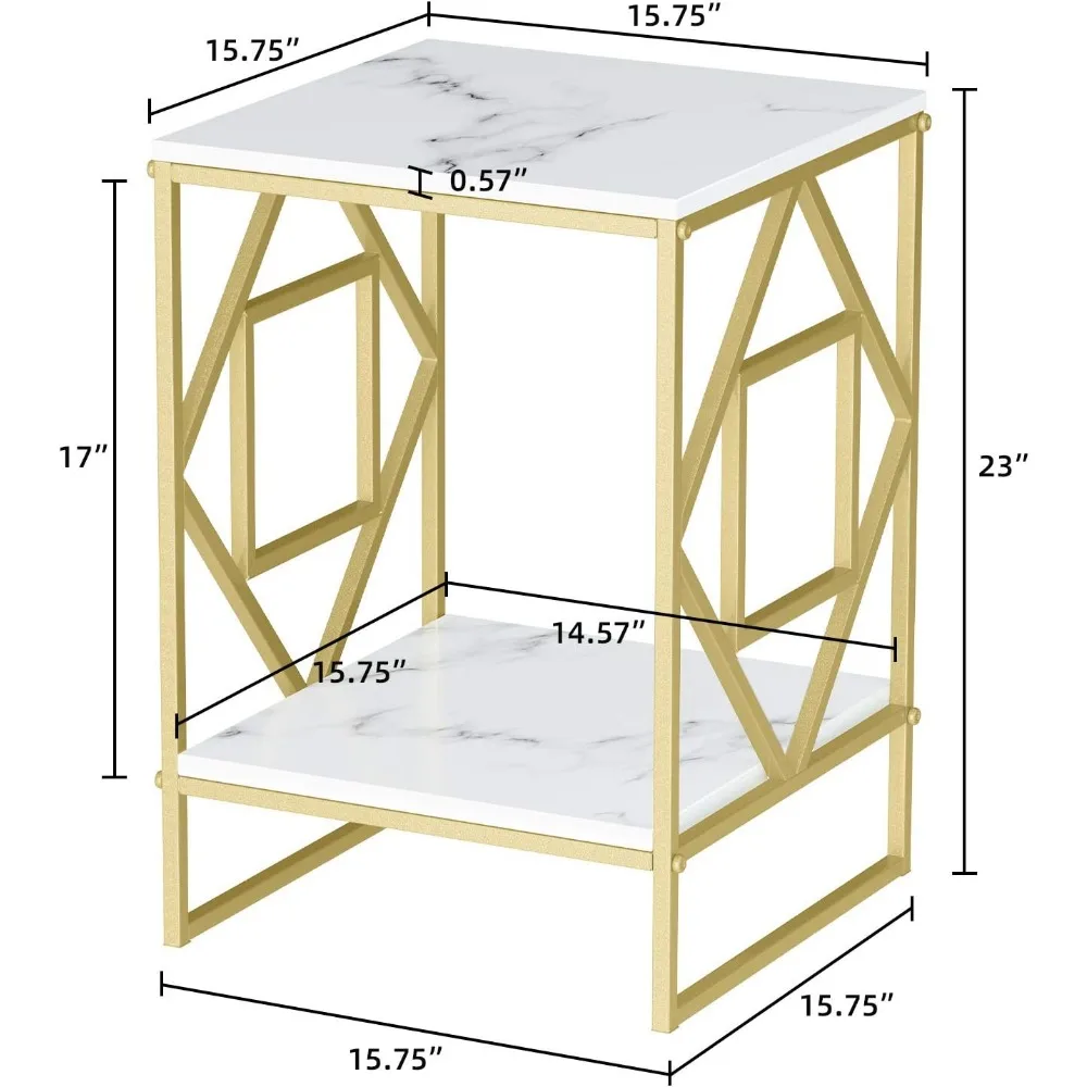 Sintered Stone End Table 2 Tier Square White Small Coffee Table Gold Frame -Modern Sofa Storage Side Table Bedside Nightstand