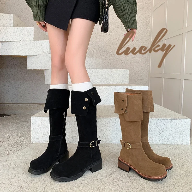 2026 new autumn winter women knee-high boots natural leather 22-24.5cm cow suede side zip belt buckle long boots western boots