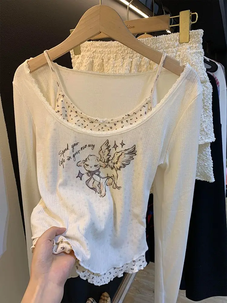 Two Shoulder Long Sleeved T-shirts Women Spring Autumn New Floral Base Interior Design Lace Patchwork Top Ins
