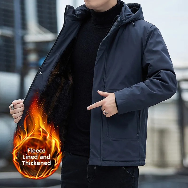 

Men's Fce Lined Cotton Jaet Winter Busin Casual Warmth Retention Zipper Pure Color Hooded Thiened Stand Fit Fa...