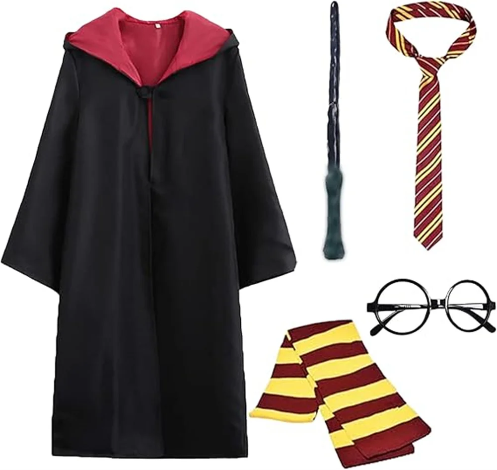 Disfraz de Mago para Niños y Adultos, 5 Piezas, Uniforme Escolar con Varita de Madera, Corbata, Bufanda, Disfraz de Cosplay