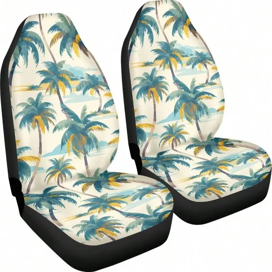 

Beach Car Seat Covers Full Set Vintage Palm Tree Universal Front Seat Protectors Auto Interior Decor