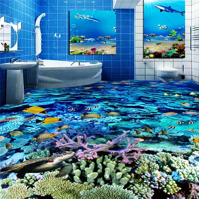 beibehang Underwater World toilet bathroom guest bedroom PVC papel de parede 3d Wall paper Self-adhesive Floor mural wall paper
