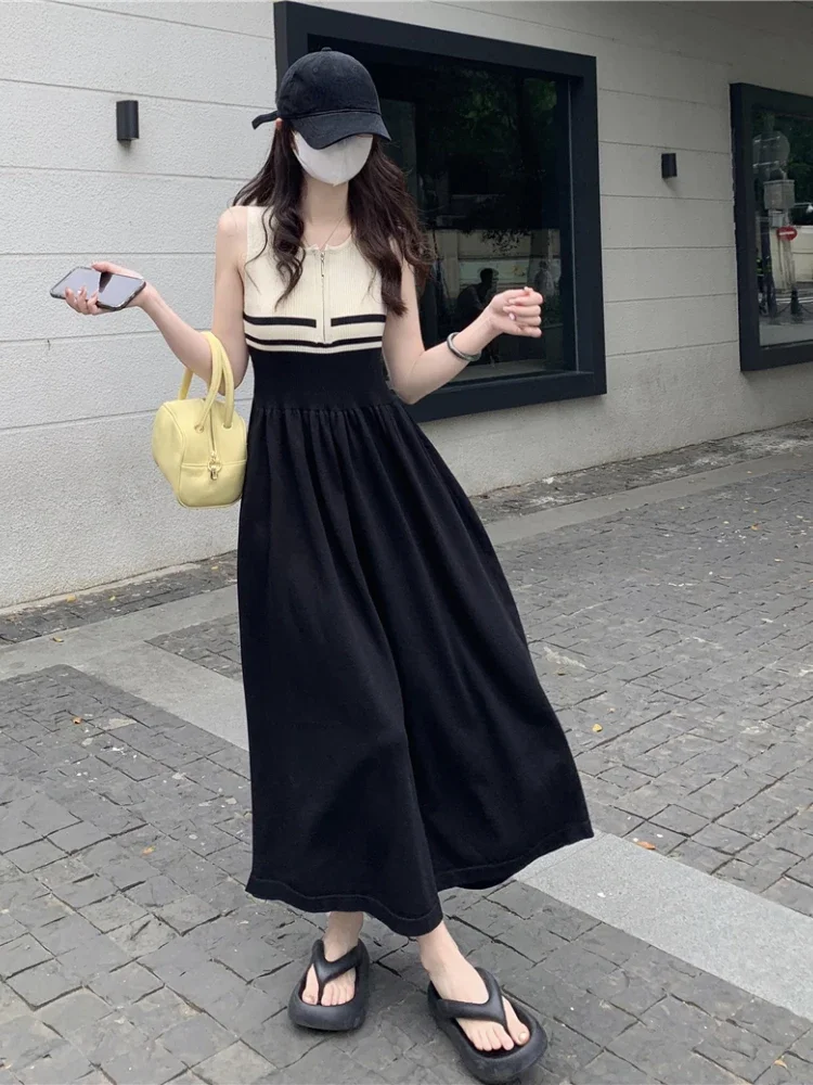 Temperament Robe Femme Summer Dress Women Clothing O-neck Sleeveless Contrast Color Vestido  Fashion Loose Sweet Dresses