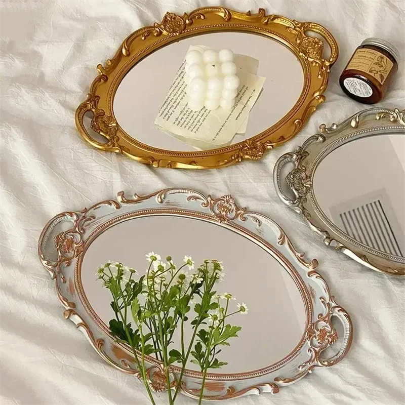 European Decorative Plate Storage Tray Oval Plate Jewelry Display Rotary Candy Decor Tray Mirror Decorative Make Up Mirror