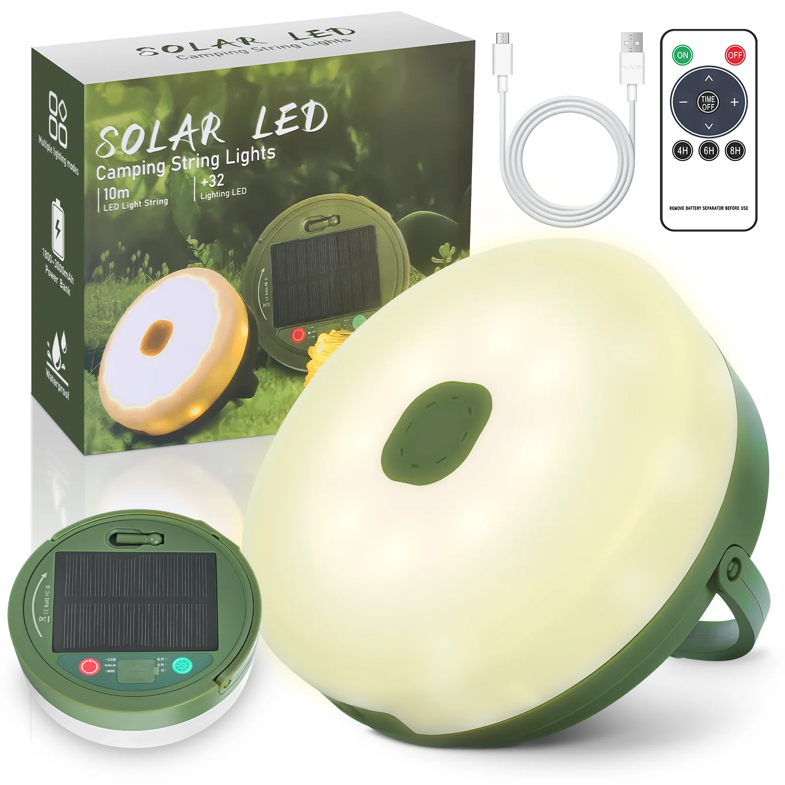 Solar Christmas Lights 10M Camping String Lights Rechargeable Outdoor Tent Lantern 5 Lighting Modes for Patio Party Decor