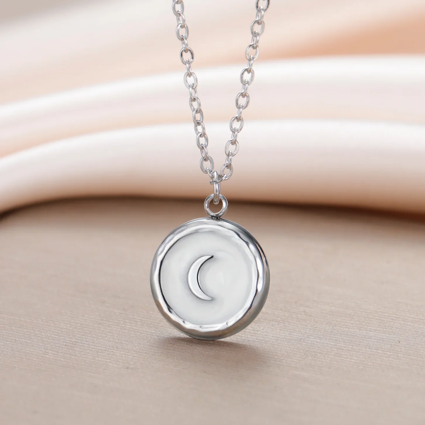 Skyrim Crescent Moon Necklace for Women Trendy Stainless Steel Gold Color White Enamel Round Pendant Necklace Gift Wholesale