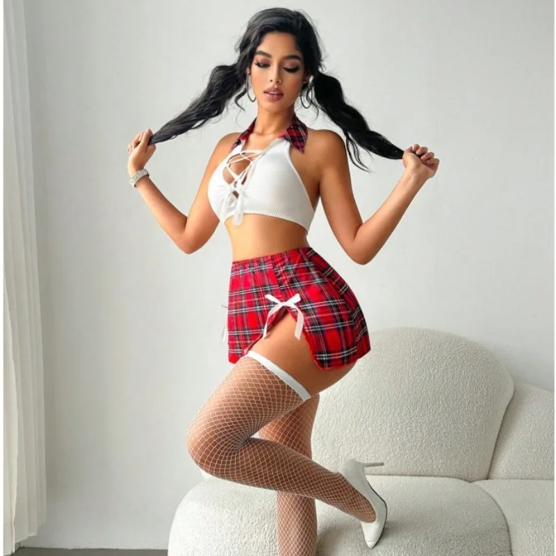 Sexy Schoolgirl Costume Sets White Lace Up Crop Top Red Plaid Mini Skirt With Bowknot Pure Desire Charming Skirt Sets Sweet 3KHF
