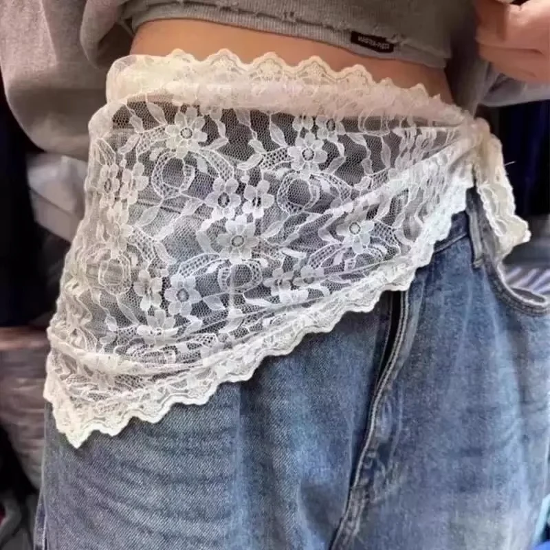 2 في 1 مثلث تنورة قصيرة نصف تنورة بعقب الستار تنورة الدانتيل تقليم المئزر لينة الدانتيل مكدسة Ins نمط الكورية النساء الحجاب #3