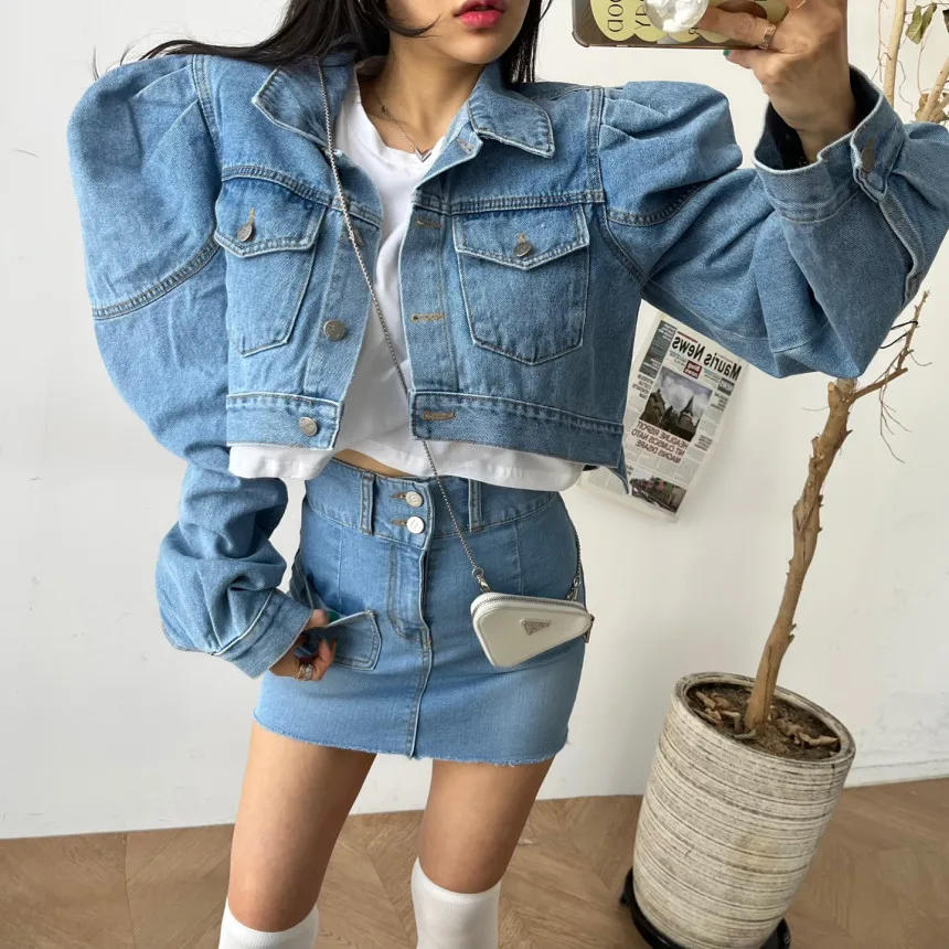 

KIDCRKJ Short Jackets Women Solid Spring Puff Sleeve Vintage Korean Fashion Denim 2026 Elegant Simple Female Outwear Jacket