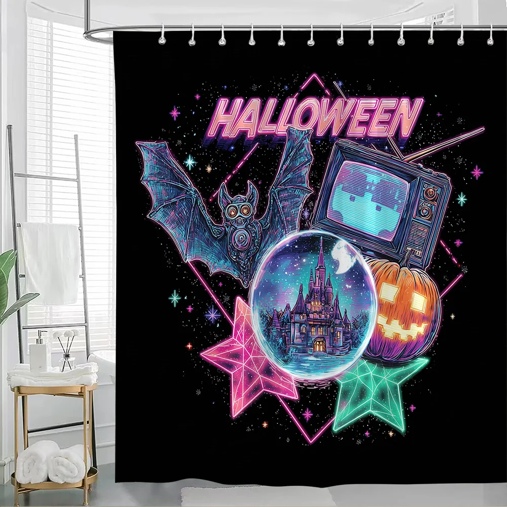 

1 шт. Занавеска для душа на Хэллоуин — жуткий декор для ванной комнаты с летущими мышцами, замок тыквы, винтажный телевизор — большой полиэстер 70,8x70,8 дюймов