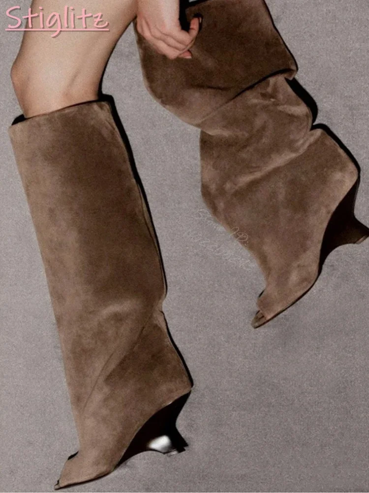 

Retro Peep Toe Knee-high Boots Solid Suede Slip-on Strange Style Heeled Sandals Boots PU Women Fashion Shoes 2025 Summer New