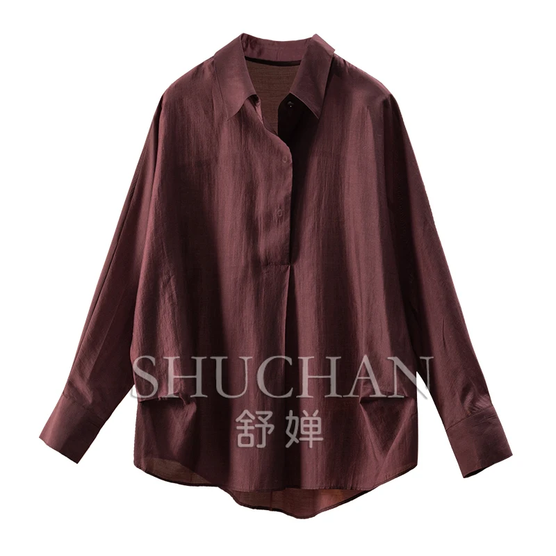 

2025Spring home, retro old money red, French G design pinch pleated loose arc pendulum with Tencel long-sleeved shirt women's 8V