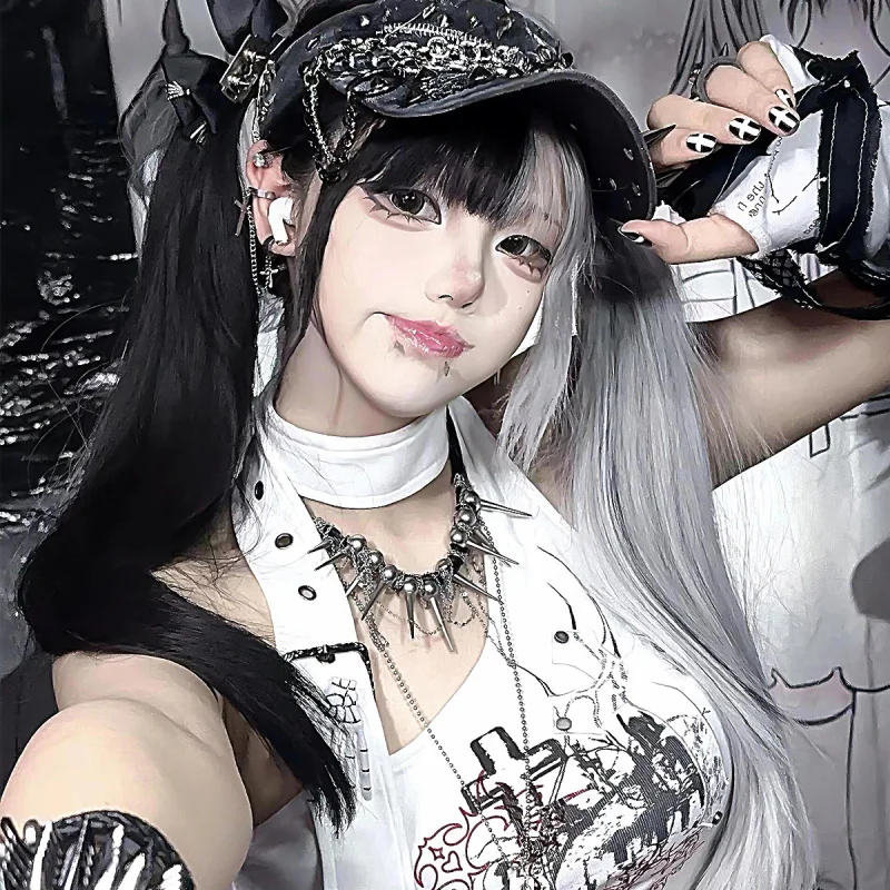 여성용 할로윈 가발 블랙 그레이 옴브레 발라야지 긴 직모 코스프레 유니버설 풀 헤드 가발