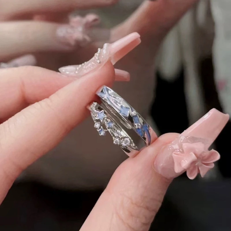 2Pc Luminous Star Adjustable Finger Ring Vintage Luxury Love Couples Rings Glow In Dark Y2K Jewelry Valentine\'s Day Gift