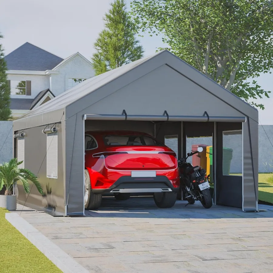 Outdoor Carport Canopy For Weatherproof Shelter Use, Heavy Duty Polyethylene Material, Gray Color, Reinforced Steel Frame And U