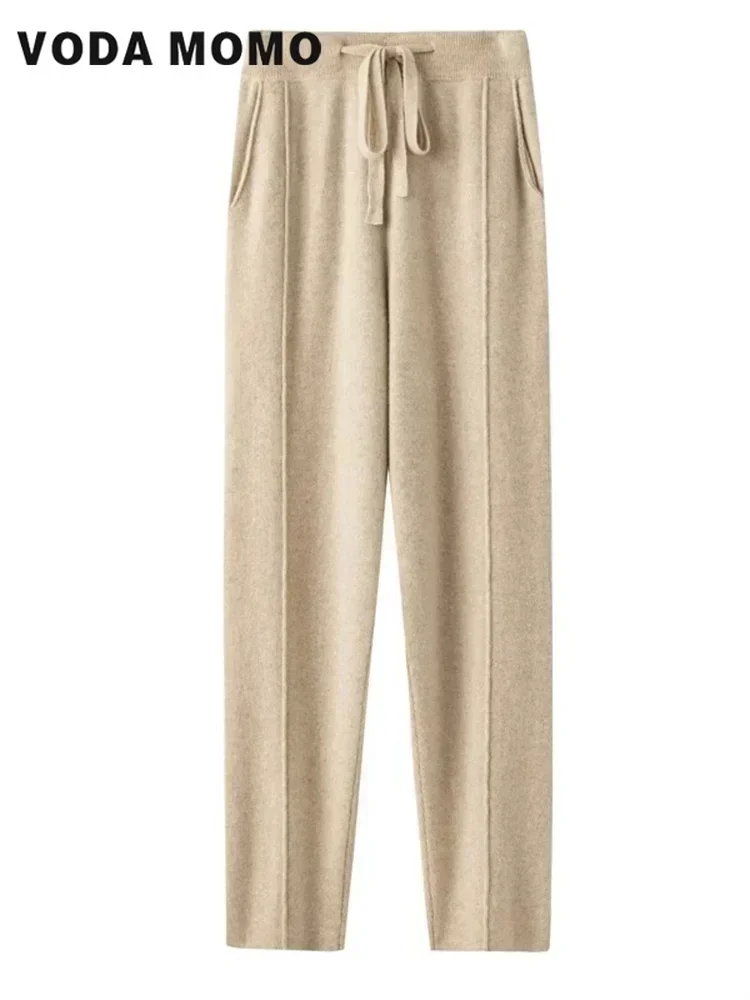 

Autumn Winter 2023 New Fashion High Waist Drawstring Pants Casual Knitted Harem Pants Cashmere Sweatpants Women Commuting style