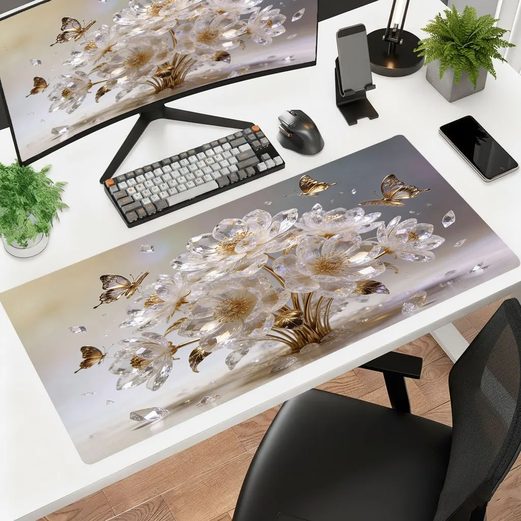 Brand Iron Art Mouse Pad Transparent Flowers Golden Butterflies HD Print Office Laptop Gaming Ultra Smooth