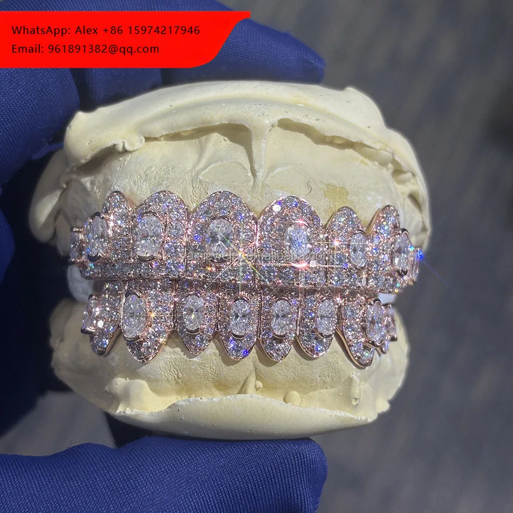 

Custom Men Women Top Bottom 8 S925 Silver 10K 14K 18K Rose Solid Gold Grillz Oval Cut VVS Moissanite Lab Diamond Teeth Grillz