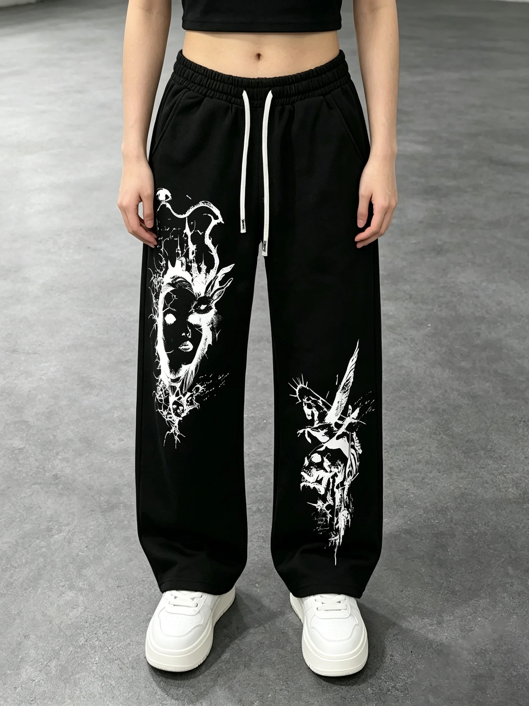 Wide Leg Trousers, Dark Art Skull Figure Illustration Print, Drawstring Elastic Waist Hip Hop Street Casual Pants