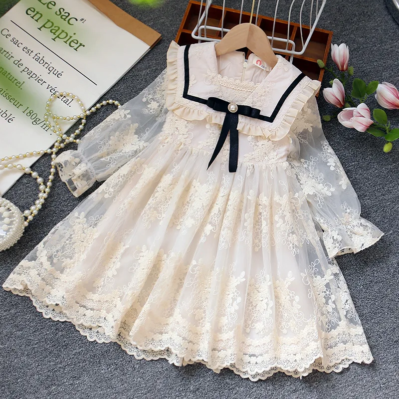 

Girls 2026 Casual Dresses Long Sleeve Lace Kids Clothes Children Elegant Embroidery Tulle Bow Princess Dress For Birthday Party