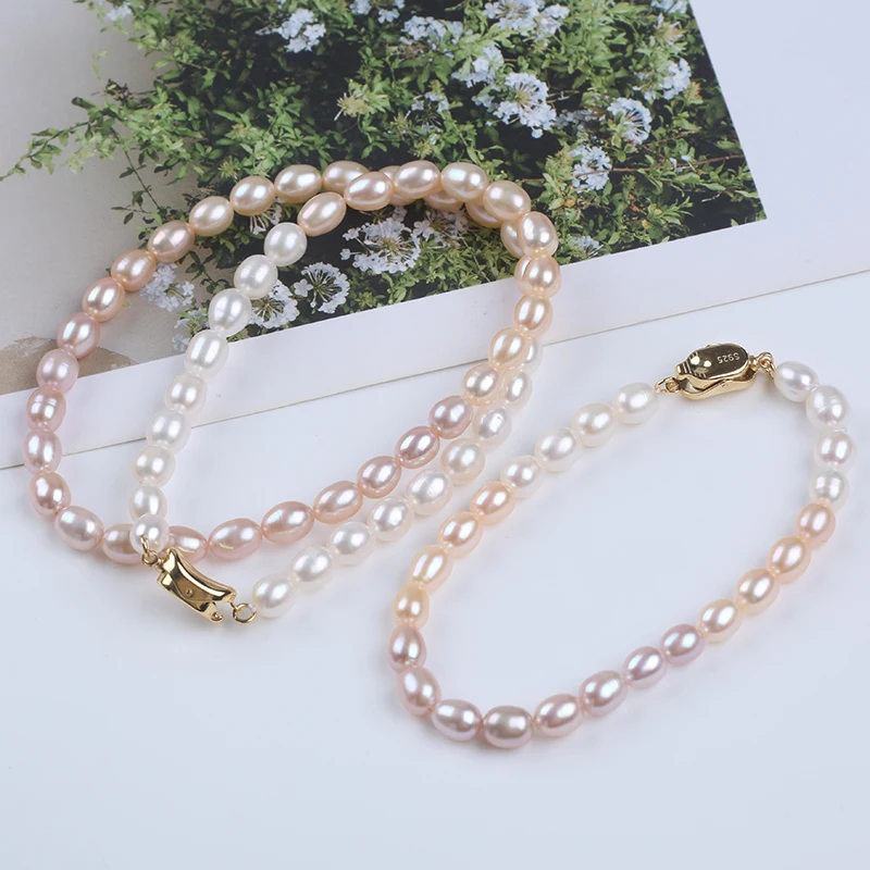 5-6mm White Pink Purple Rice Shape Freshwater Pearl 925 Sliver Plated 18K Gold Chain 39cm Necklace+17cm Bracelet Jewelry Set