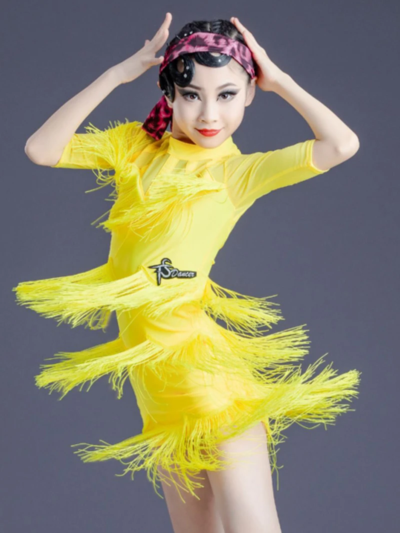 Bambini Ragazze Nappa Catena Maglia Giallo Vestito da ballo latino Abbigliamento per spettacoli teatrali Cha Cha Concorso Bambini Sala da ballo Dancewear