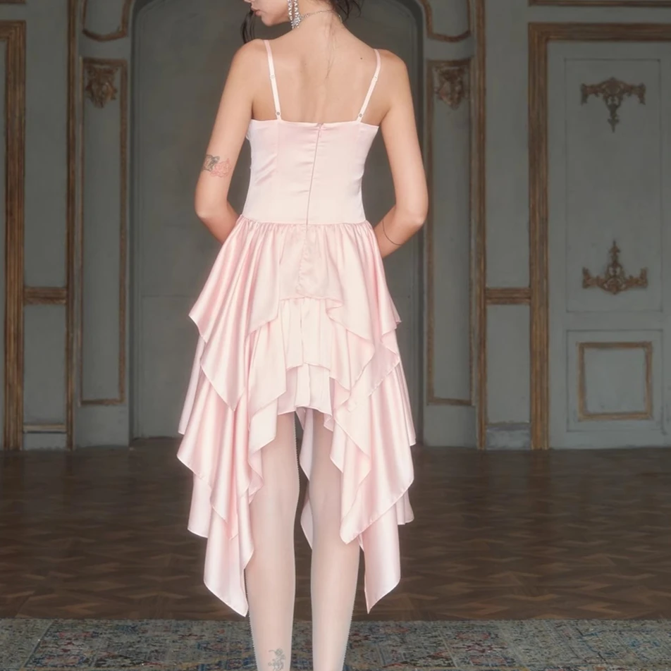 Roze satijnen jurk dames mouwloze gelaagde ruches elegante kleding dame streetwear chic slash hals vestidos bodycon party